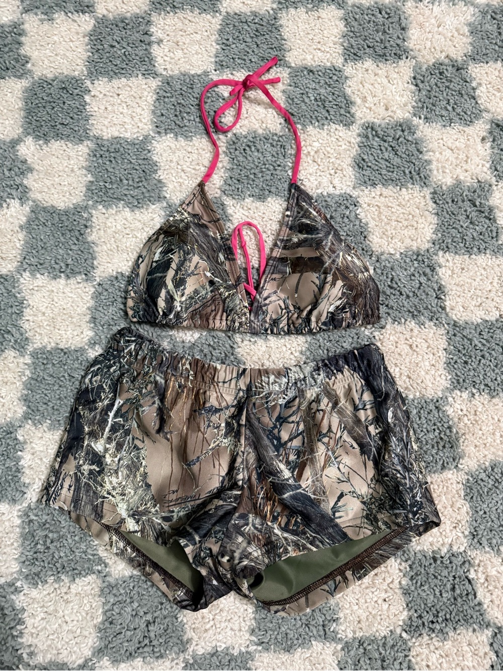 Camo Print Halter String Bikini Top & Shorts Set Pink Accent Swimsuit Country